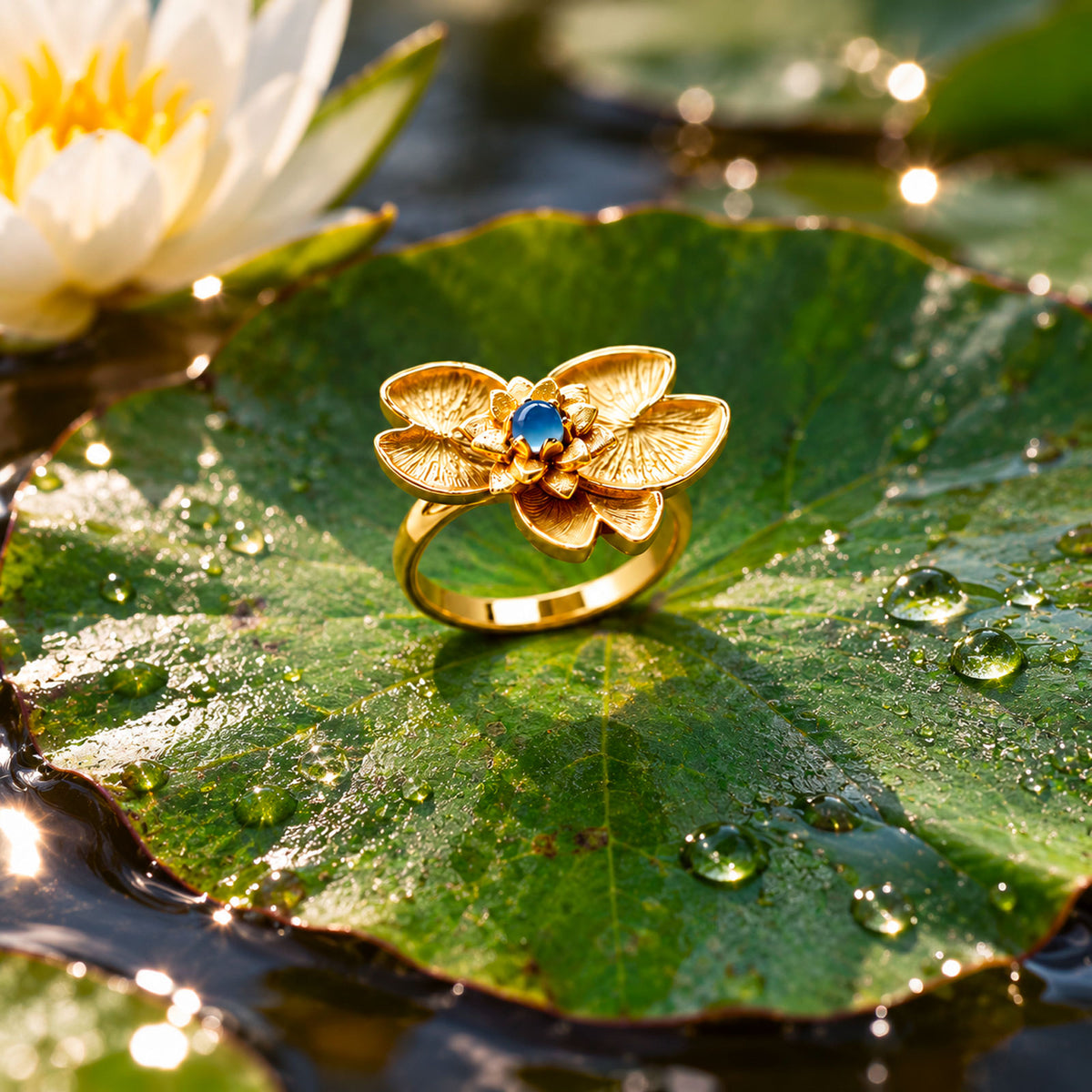 Anello Naiade in oro giallo 18 kt, gioiello artigianale di Blossom Gioielli ispirato alle ninfe delle acque dolci della mitologia greca.
