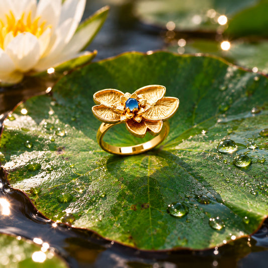 Anello Naiade in oro giallo 18 kt, gioiello artigianale di Blossom Gioielli ispirato alle ninfe delle acque dolci della mitologia greca.